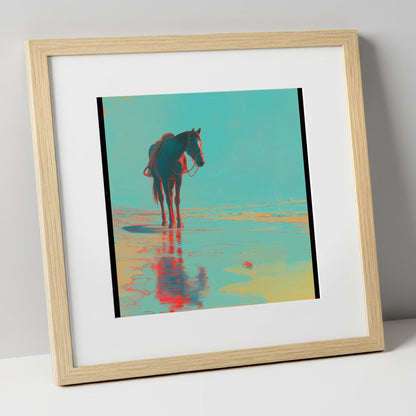 Neon Tide Reflection horse landscape art print in natural frame