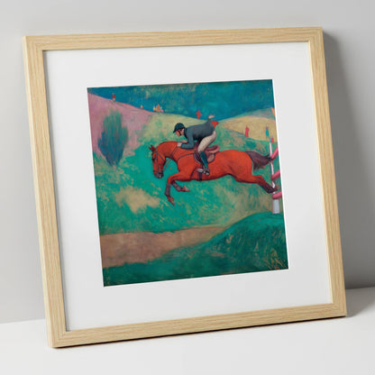 Flight Over Emerald Hills show jumping horse art print in natural frame