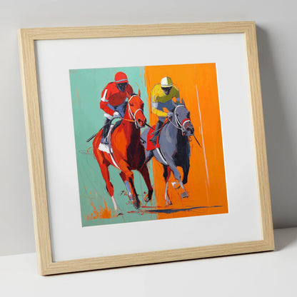 Neck and Neck racing horse art print in natural frame
