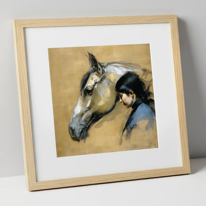 The Silent Bond horse & rider art print in natural frame
