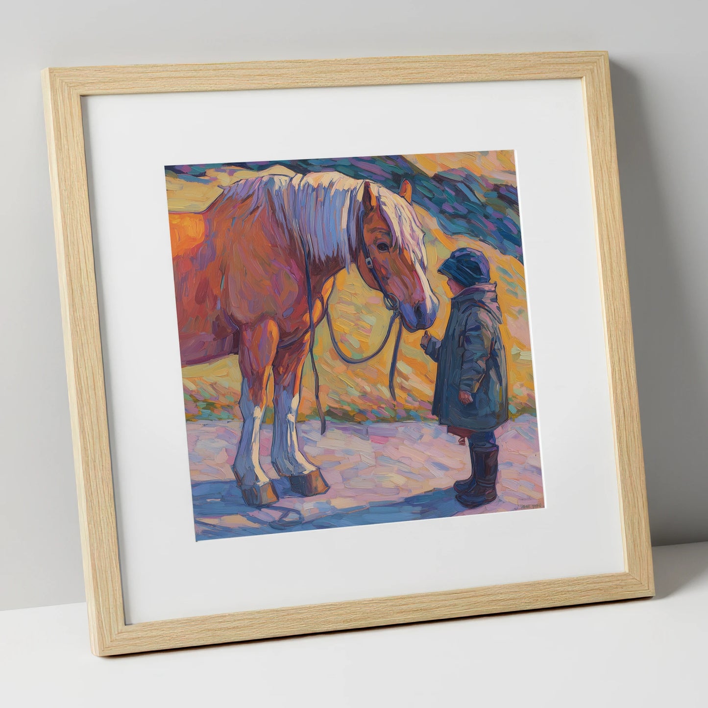 A Gentle Exchange horse & rider art print in natural frame