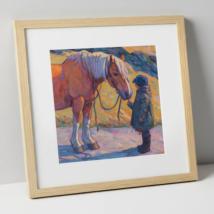 A Gentle Exchange horse & rider art print in natural frame