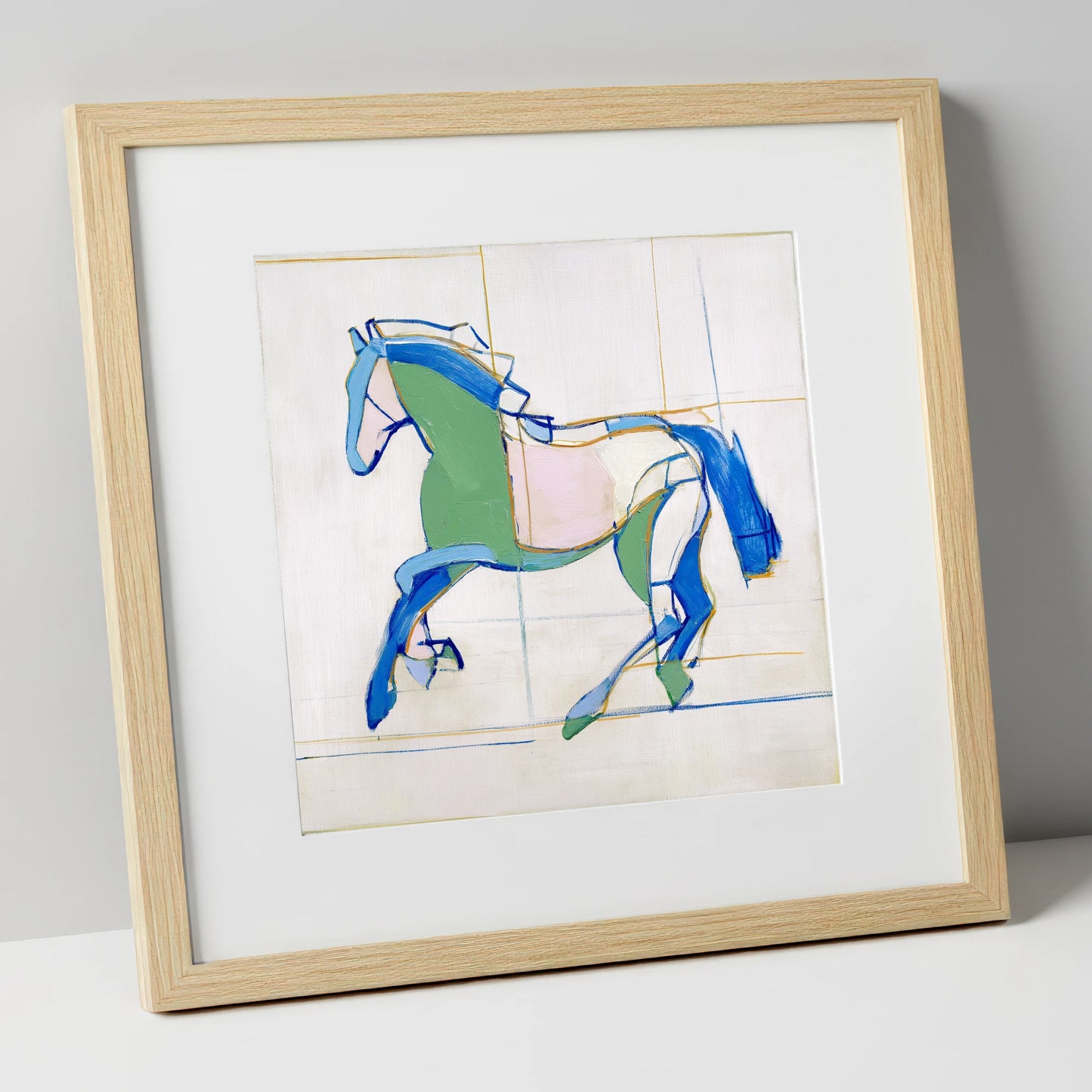 Azure and Emerald Canter horse portrait art print in natural frame
