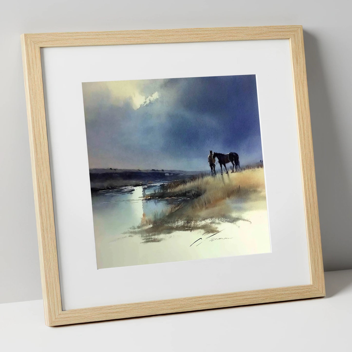 Storm Light Companions horse & rider art print in natural frame