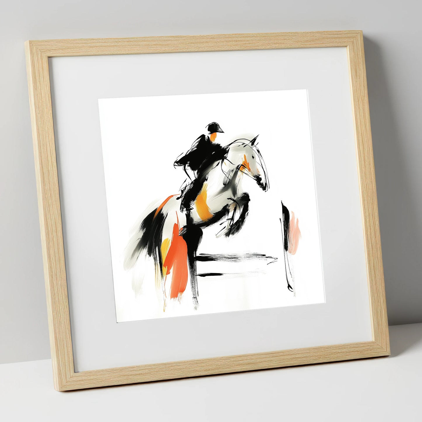 Spirited Ascent show jumping horse art print in natural frame