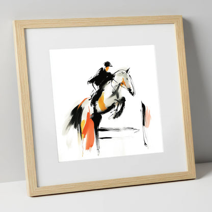 Spirited Ascent show jumping horse art print in natural frame