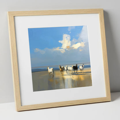 Sunlit Coastal Herd horse landscape art print in natural frame