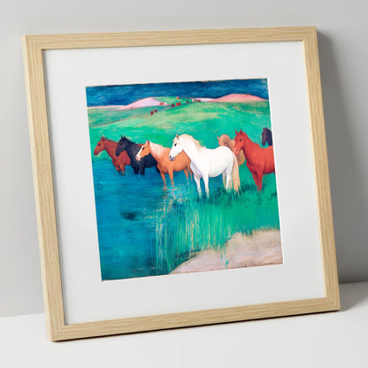 The Emerald Shallows wild horses art print in natural frame