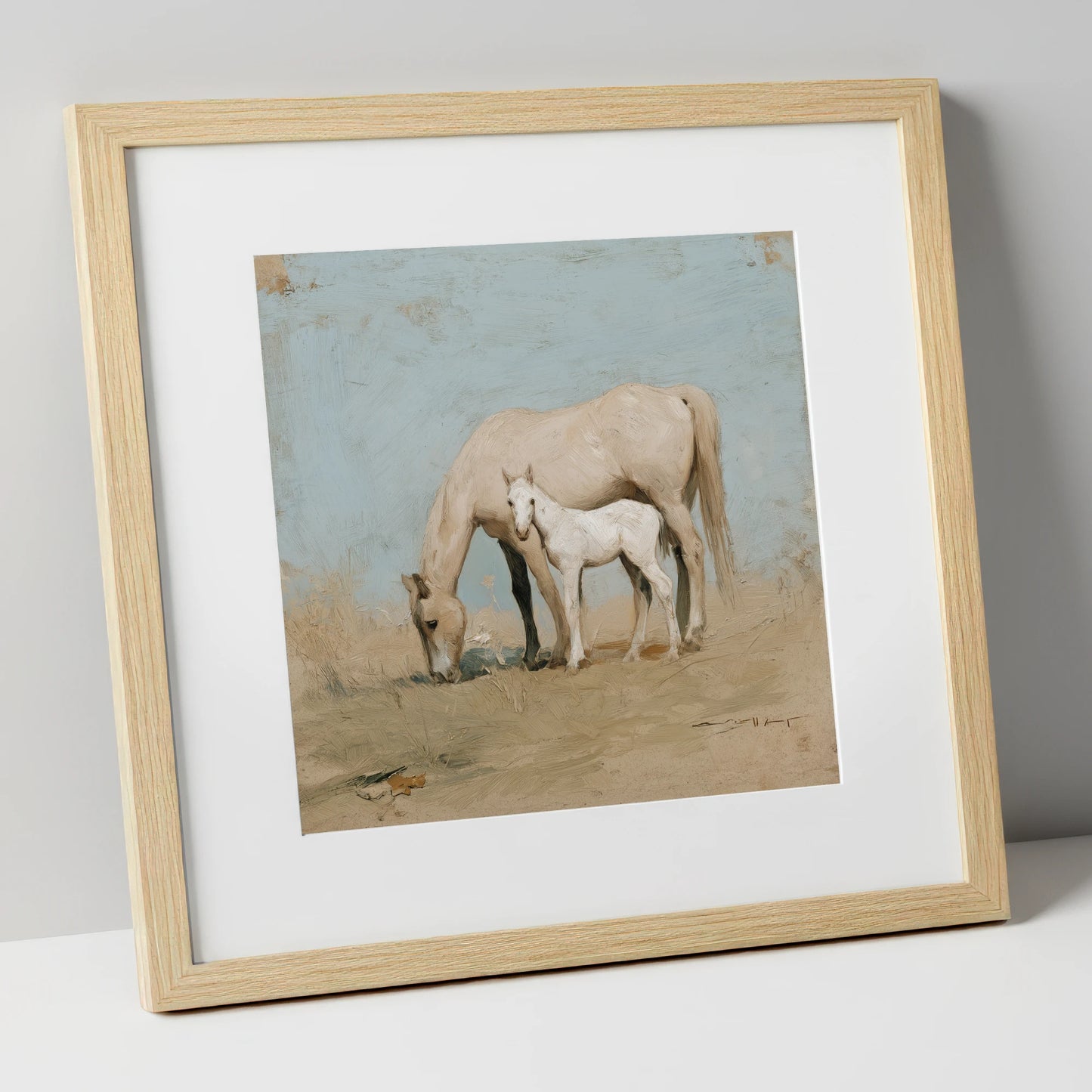 Chalk White Companions mare & foal art print in natural frame