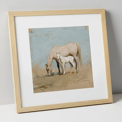 Chalk White Companions mare & foal art print in natural frame