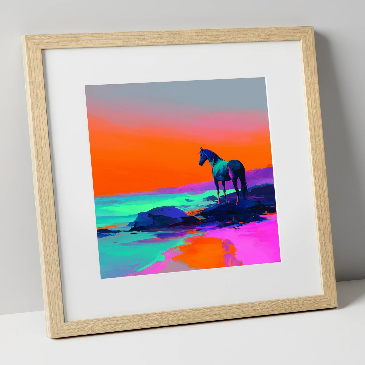 Neon Horizon Vigil horse landscape art print in natural frame