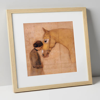 The Silent Language horse & rider art print in natural frame