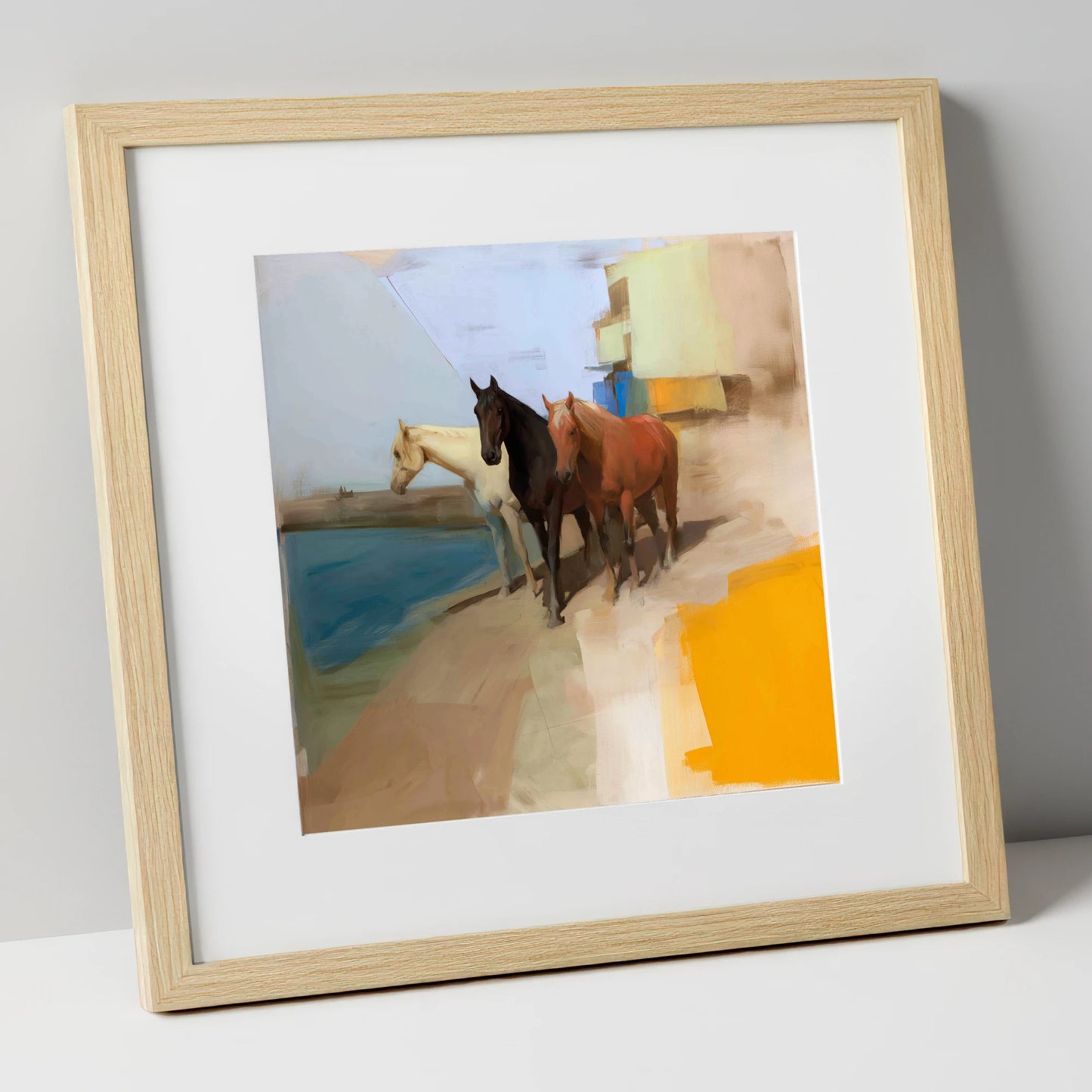 The Waterfront Trio horse landscape art print in natural frame