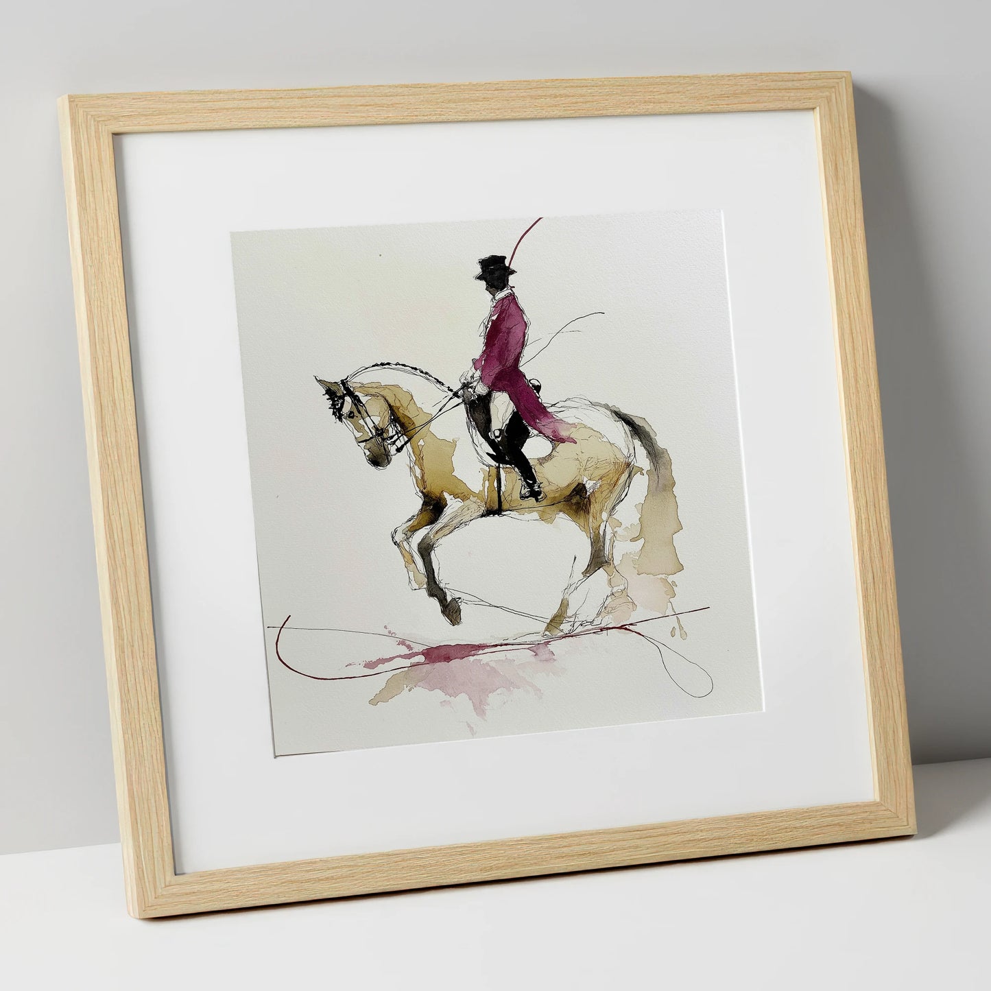 Poise and Passage dressage horse art print in natural frame