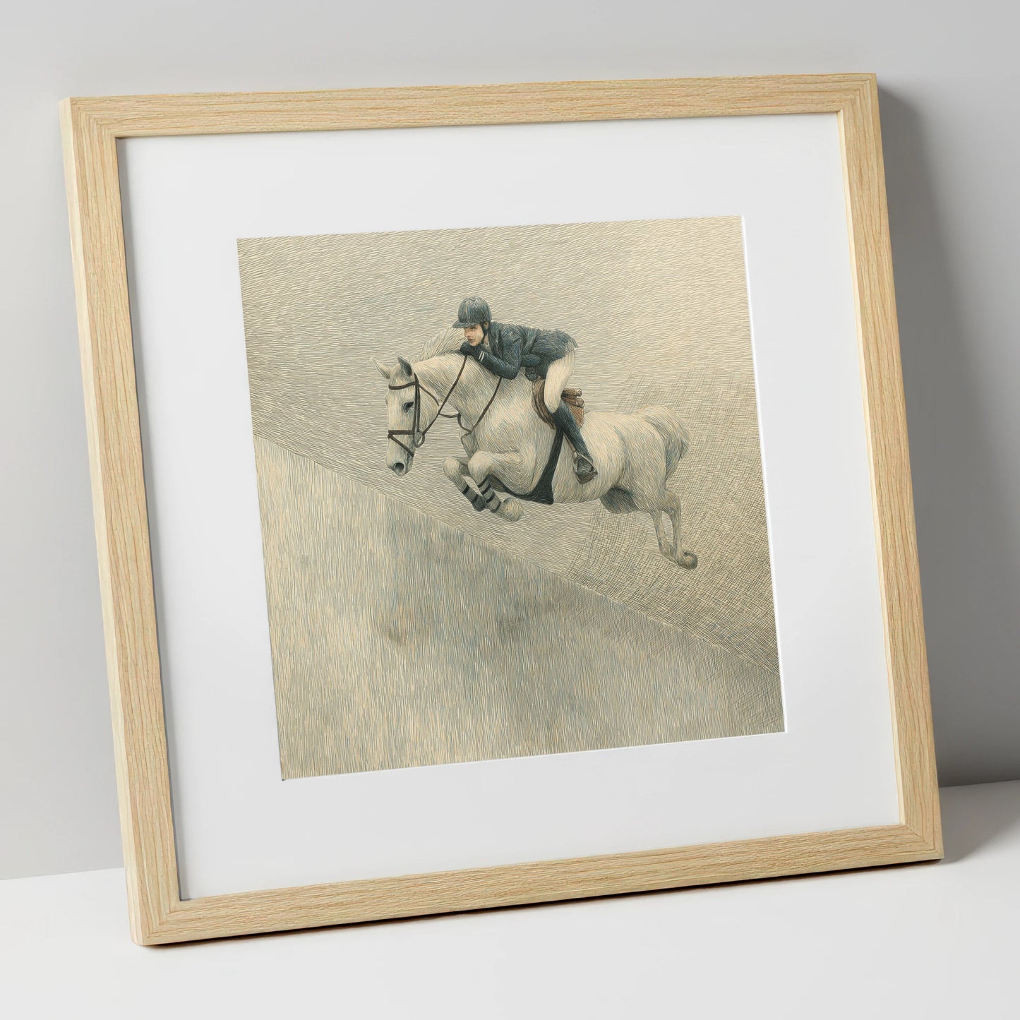 Suspended in Flight show jumping horse art print in natural frame