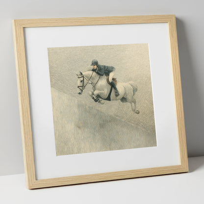 Suspended in Flight show jumping horse art print in natural frame