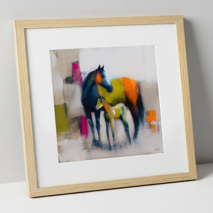 Bold Beginnings mare & foal art print in natural frame