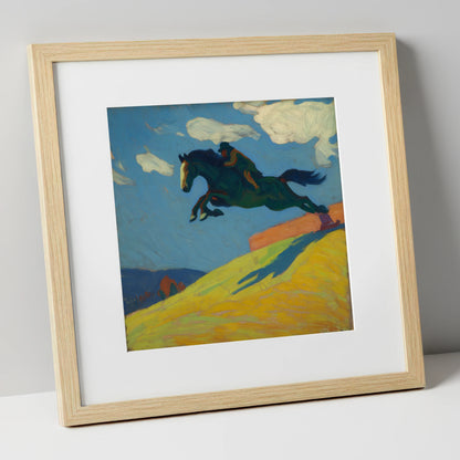 Airborne Splendour show jumping horse art print in natural frame