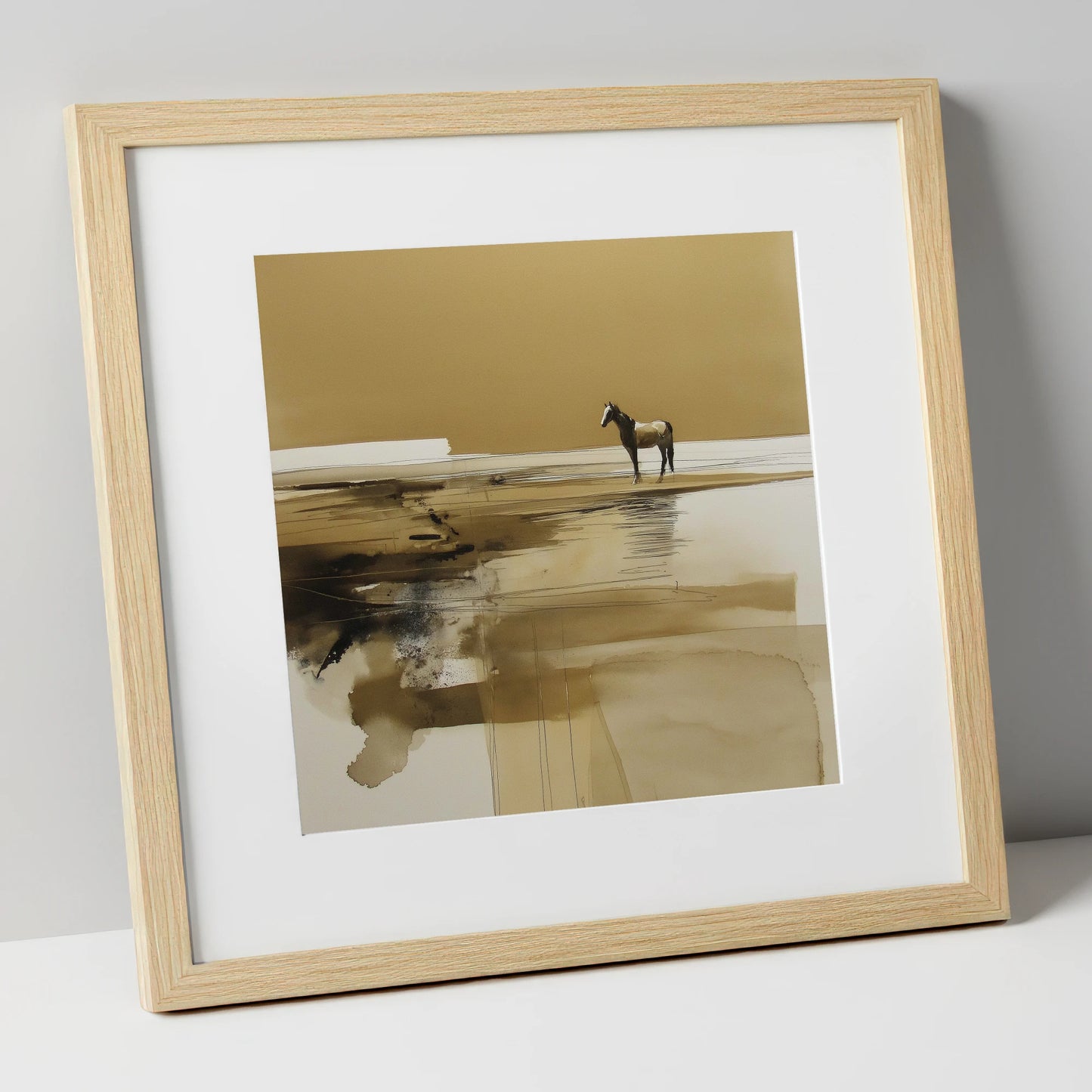 Solitary Horizon horse landscape art print in natural frame