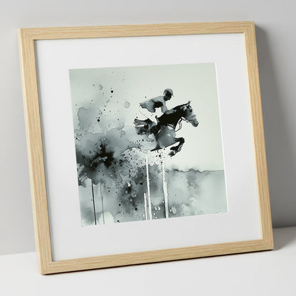 Airborne Shadows show jumping horse art print in natural frame