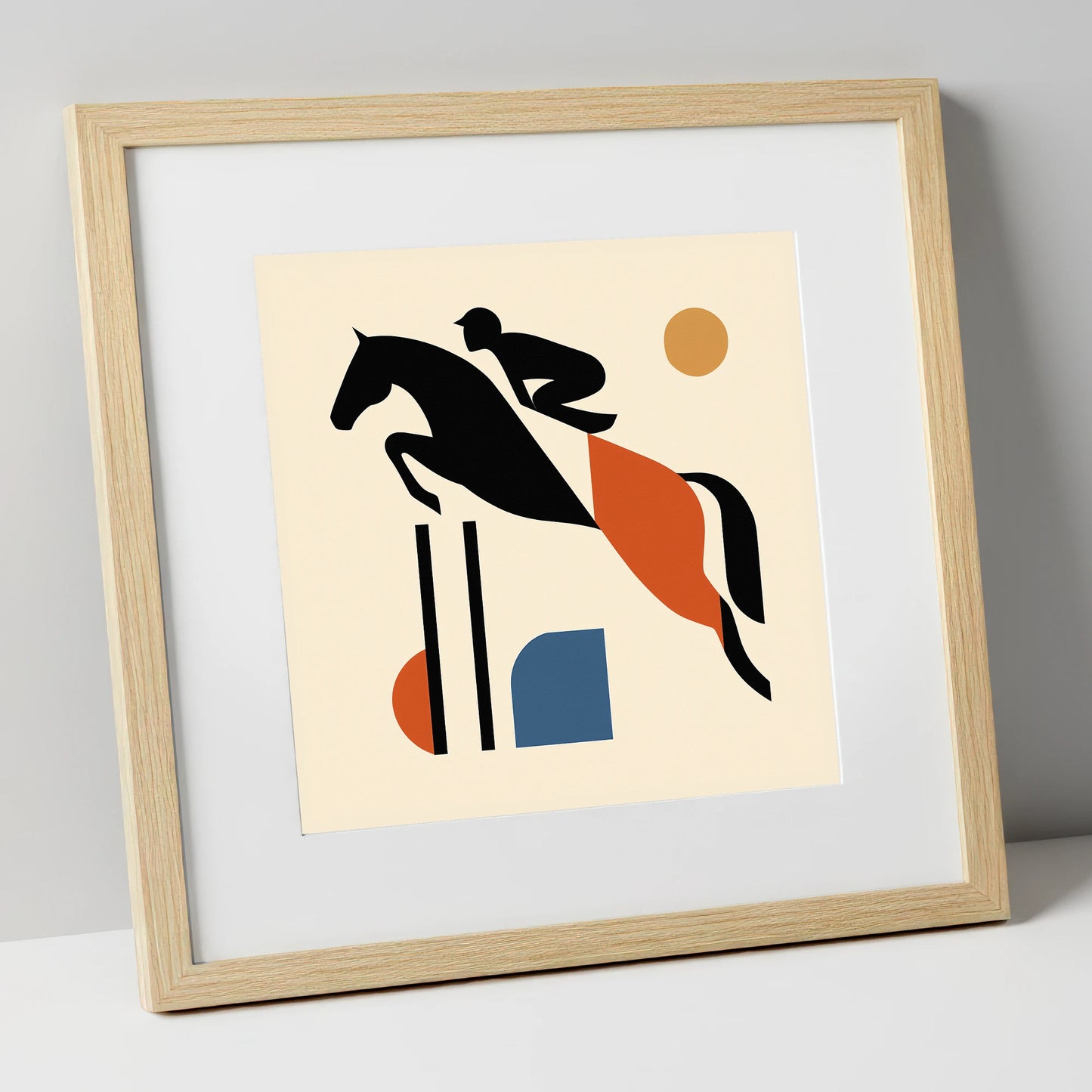 Retro Airborne Ascent show jumping horse art print in natural frame