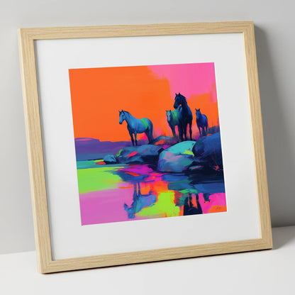 Neon Horizon Horses wild horses art print in natural frame