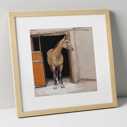 Morning Watch horse stable art print in natural frame