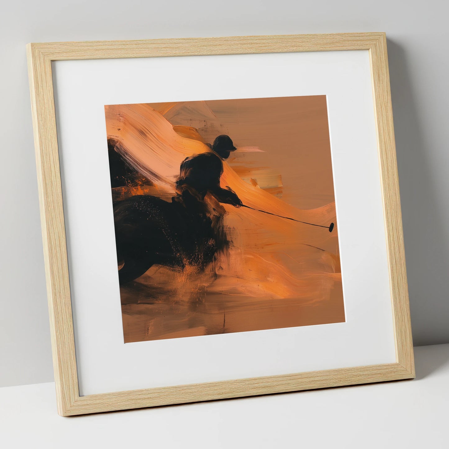 The Decisive Strike polo horse art print in natural frame