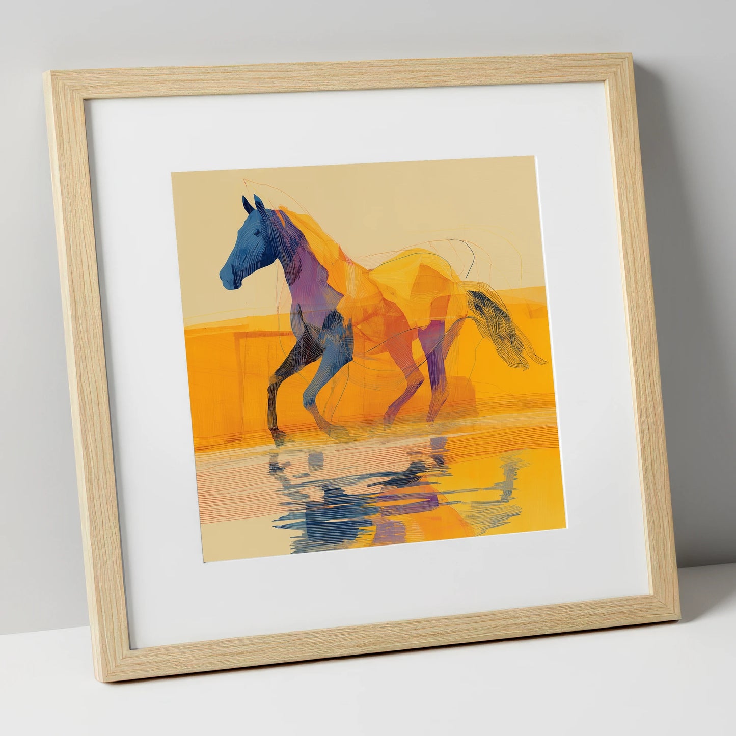 Golden Coastal Stride beach horse art print in natural frame