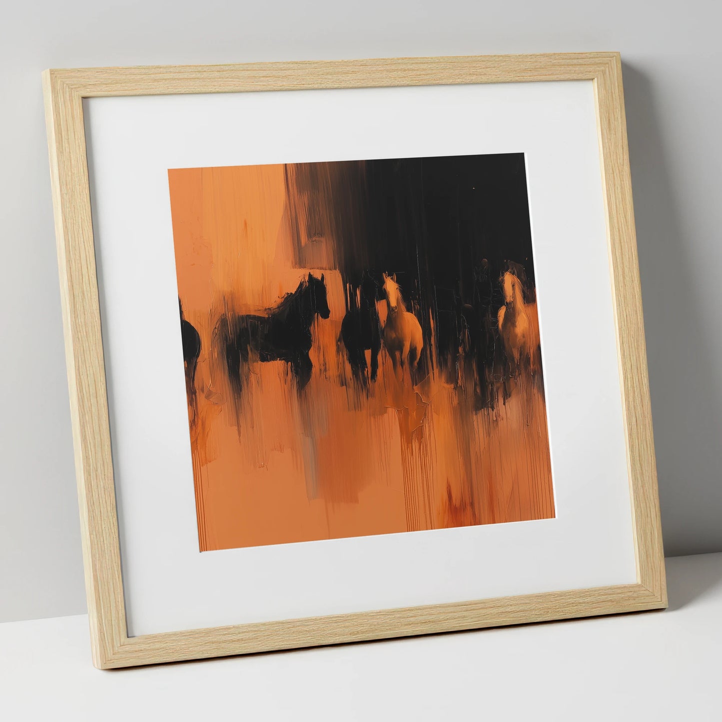 Ember and Shadow wild horses art print in natural frame