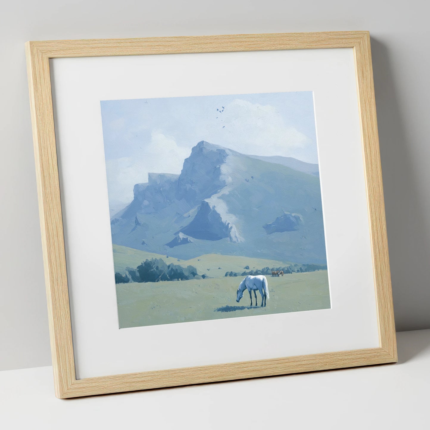 Beneath the Blue Peaks horse landscape art print in natural frame