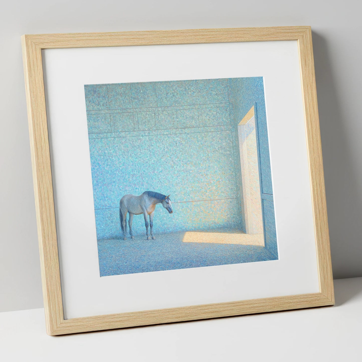 Luminous Grey horse stable art print in natural frame