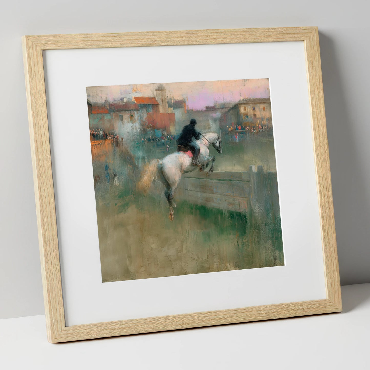 Over the Village Timber show jumping horse art print in natural frame