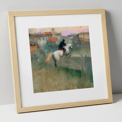 Over the Village Timber show jumping horse art print in natural frame