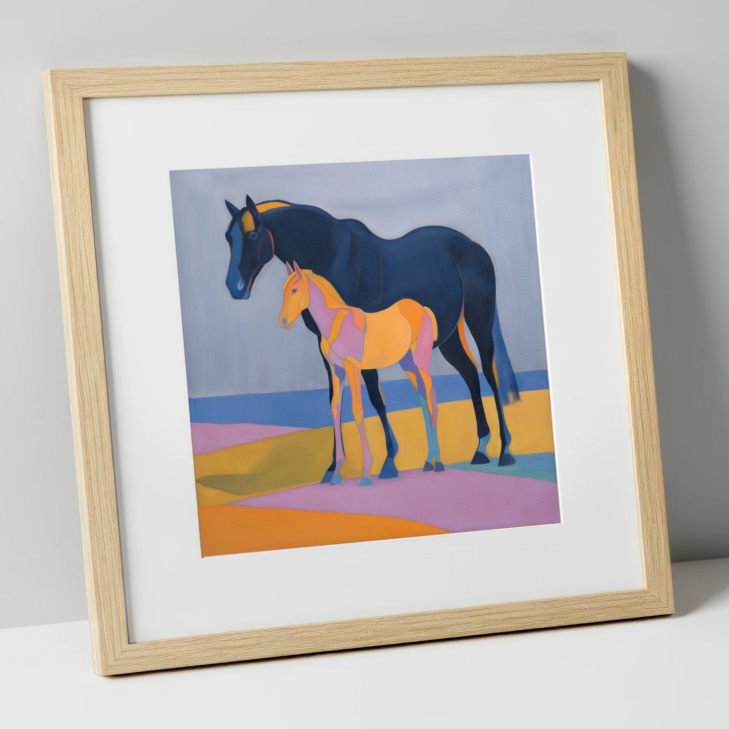 Midnight Mare Radiant Foal mare & foal art print in natural frame