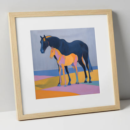Midnight Mare Radiant Foal mare & foal art print in natural frame
