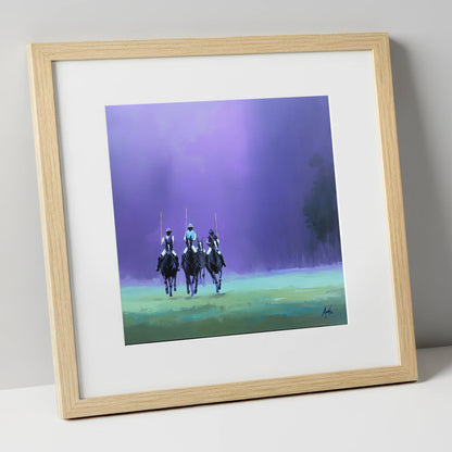 The Violet Charge polo horse art print in natural frame
