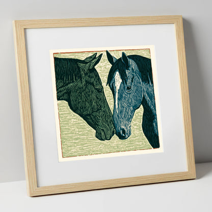 Kindred Spirits horse portrait art print in natural frame