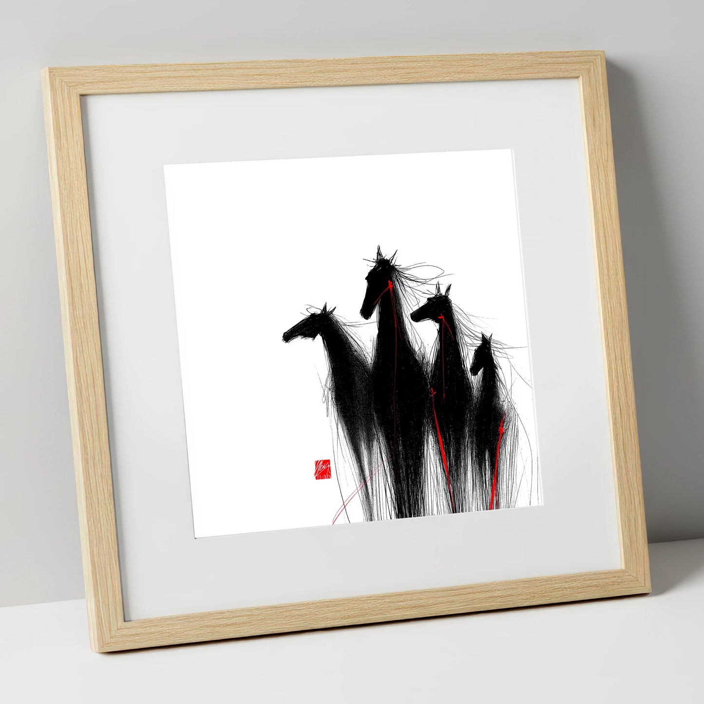 Crimson Thread Herd wild horses art print in natural frame