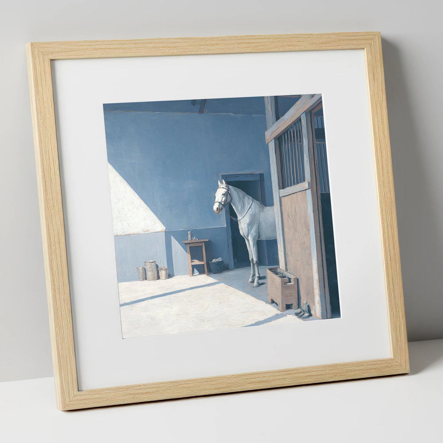 Quiet Morning Yard horse stable art print in natural frame