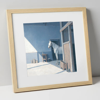 Quiet Morning Yard horse stable art print in natural frame