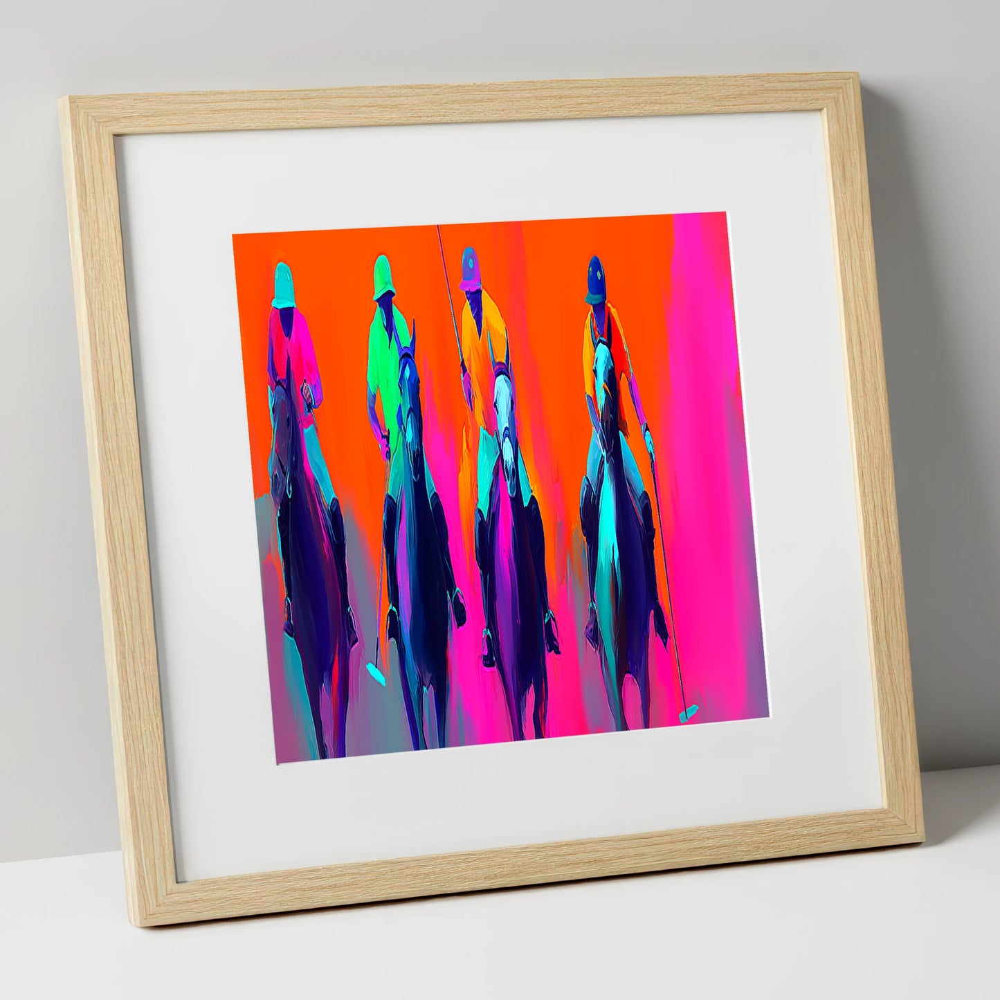 Neon Polo Charge polo horse art print in natural frame