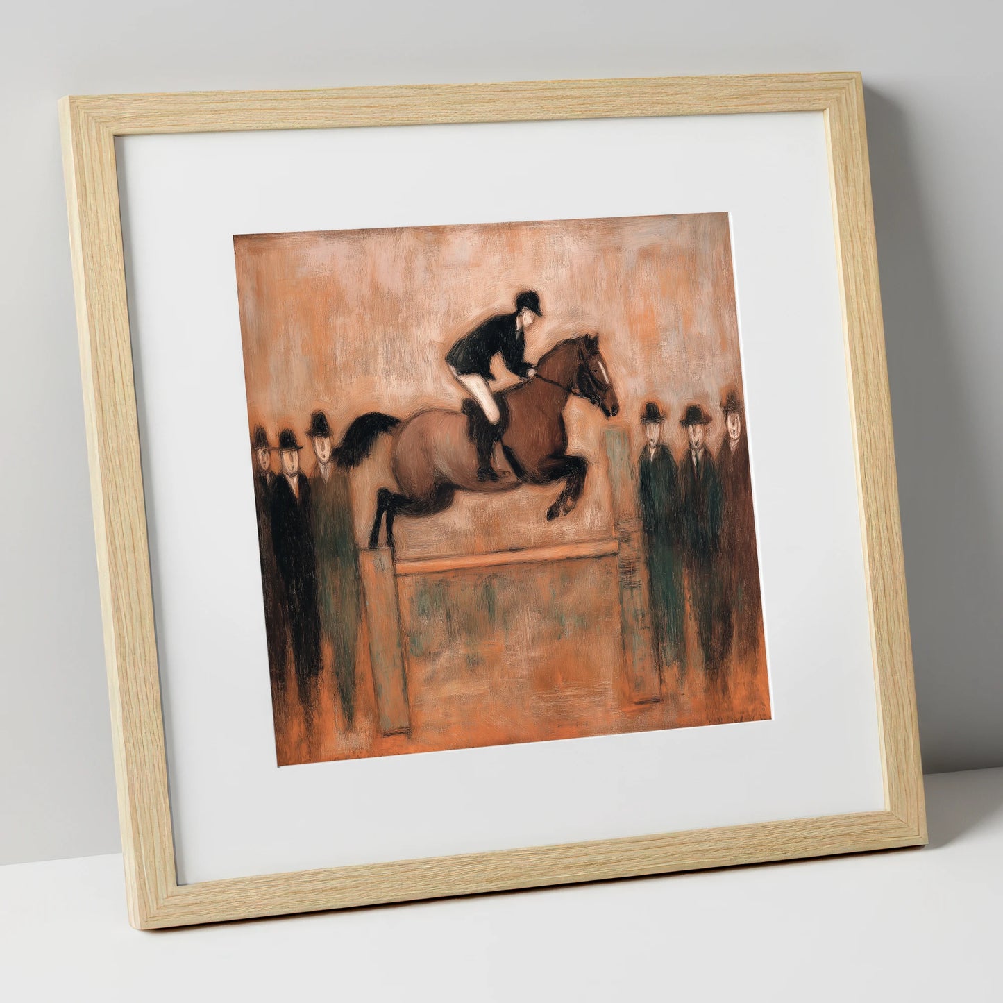 Flight Over Timber show jumping horse art print in natural frame