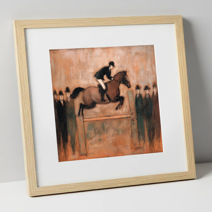 Flight Over Timber show jumping horse art print in natural frame