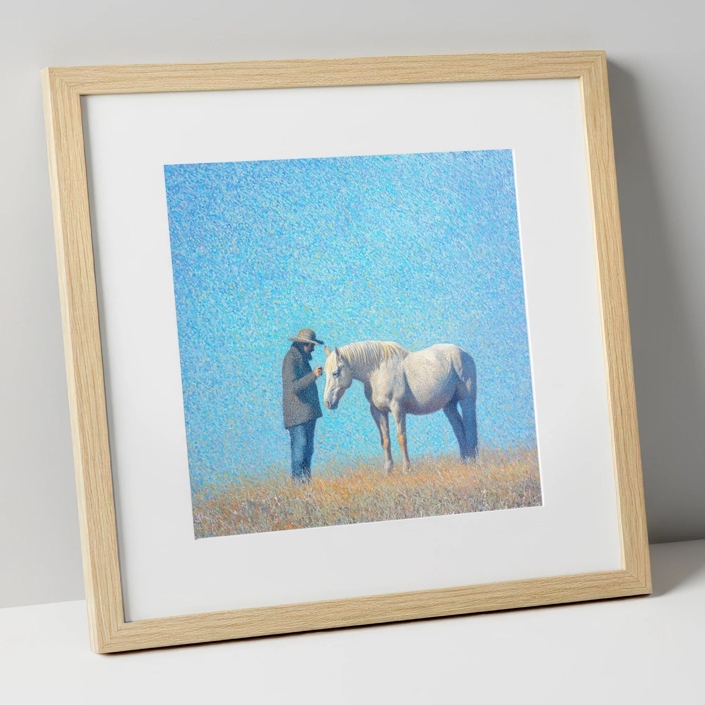 Luminous Connection horse & rider art print in natural frame