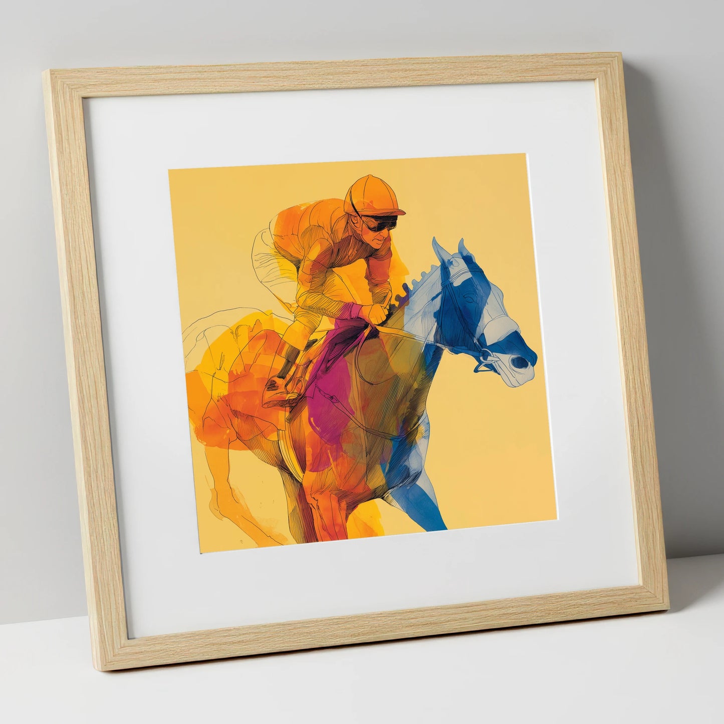 The Golden Furlong racing horse art print in natural frame