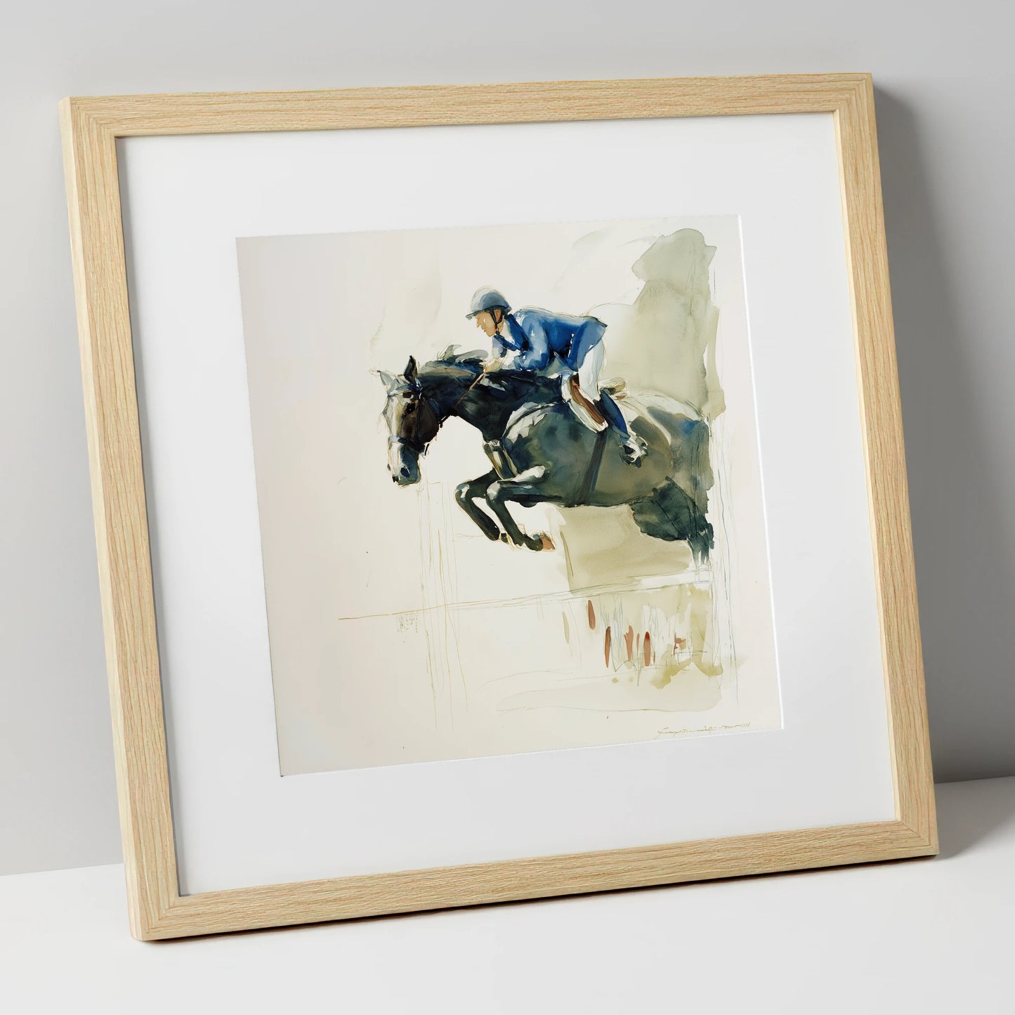 Suspended Grace show jumping horse art print in natural frame