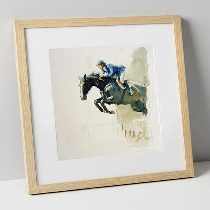 Suspended Grace show jumping horse art print in natural frame