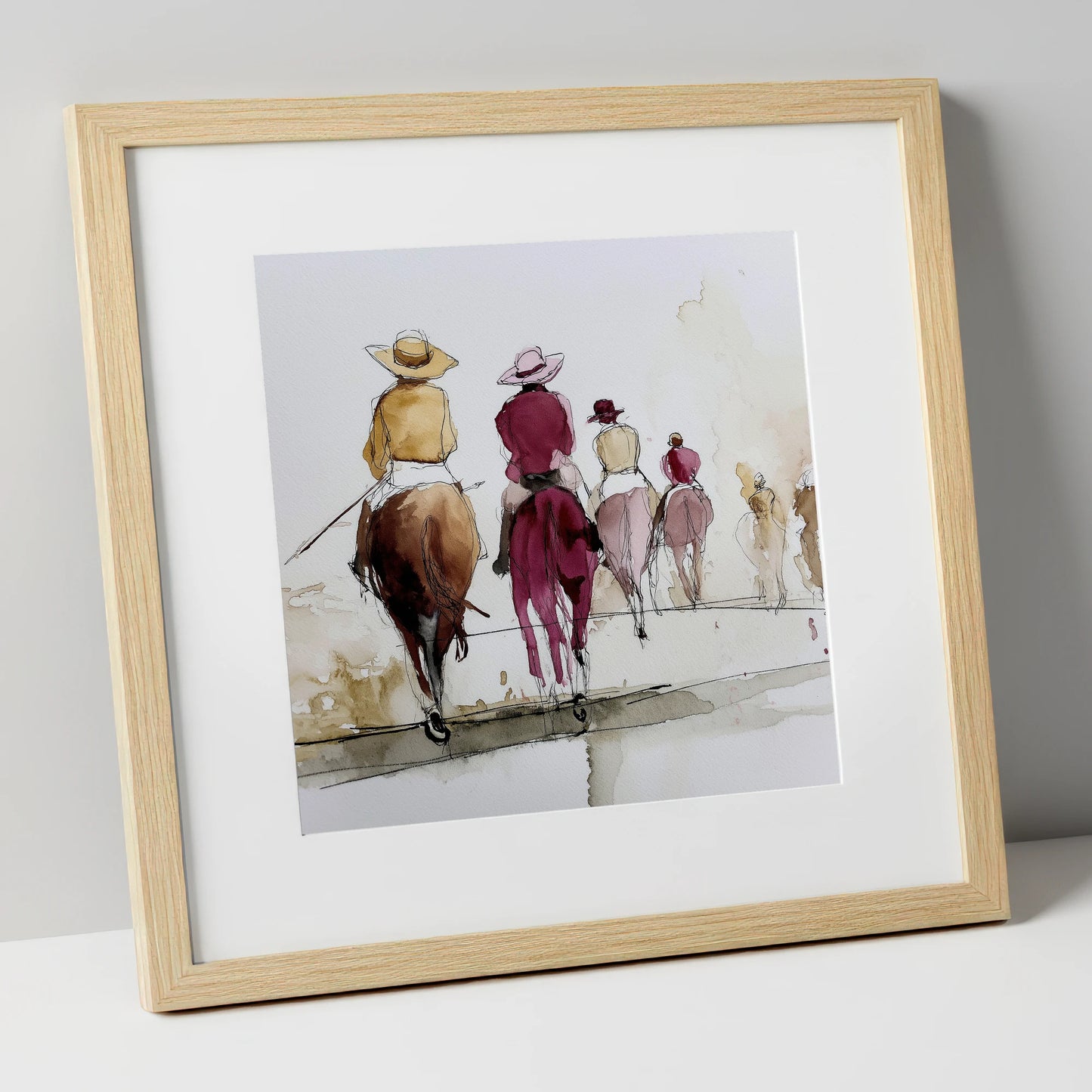 The Morning String racing horse art print in natural frame