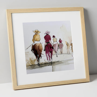 The Morning String racing horse art print in natural frame